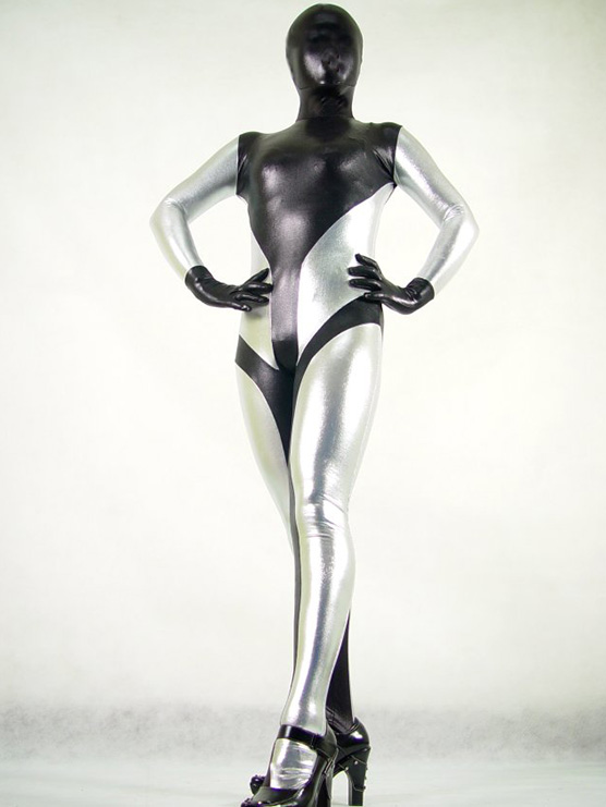 Black and Silver Shiny Wetlook Tights Bodysuit