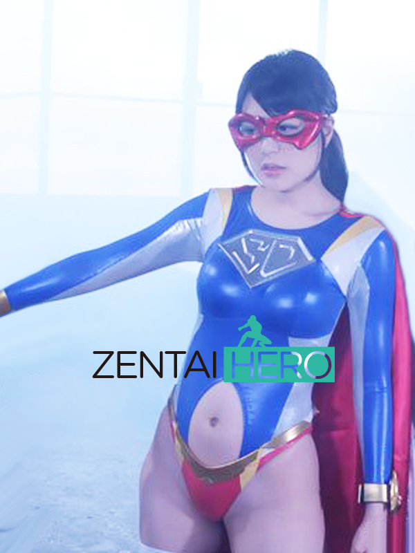 Heroine Blue Shiny Metallic Zentai Cosplay Costume Belly Hole