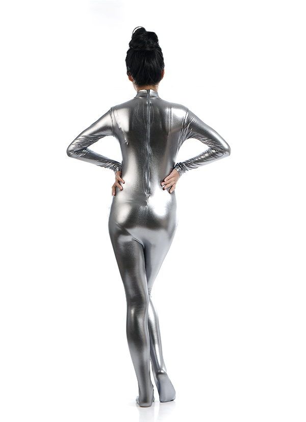 Sexy Gray Shiny Metallic Catsuit Woman