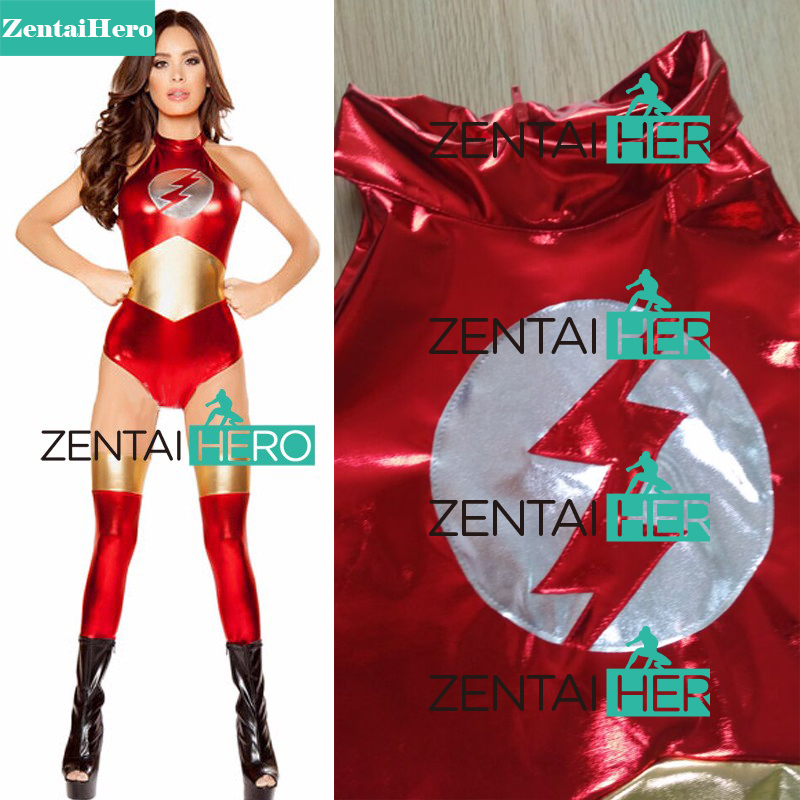 Sexy Halter Flash Women Leotard Red Shiny Superhero Costume