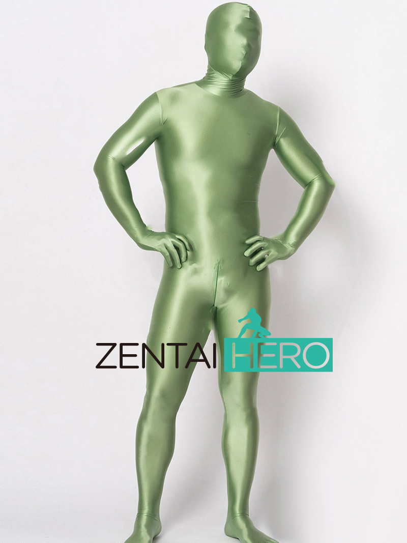 Sexy Satin Spandex Zentai Suit Army Green Shiny Lycra