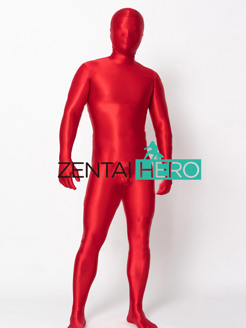 Sexy Satin Spandex Zentai Suit Red Shiny Lycra Bodysuit