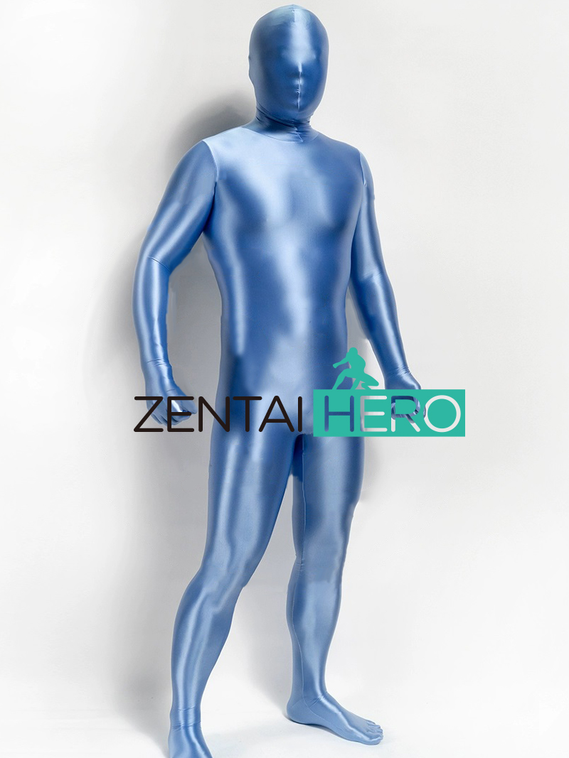 Sexy Satin Spandex Zentai Suit Light Blue Shiny Satin Bodysuit