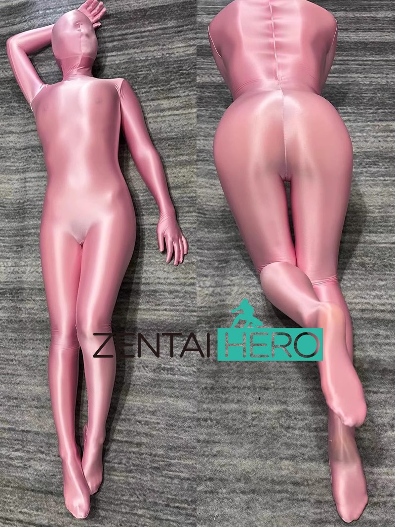 Sexy Satin Spandex Zentai Suit Pink Shiny Lycra Bodysuit