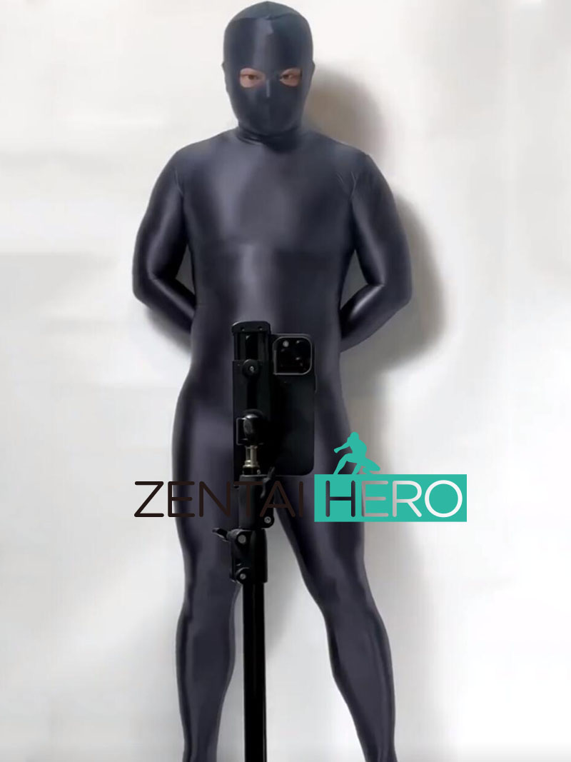 Sexy Satin Zentai Suit Dark Grey Shiny Lycra Bodysuit Open Eyes