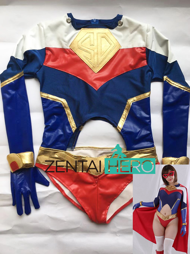 Sexy Blue Red PU Leather Giga Lady Hero Zentai Catsuit with Cape