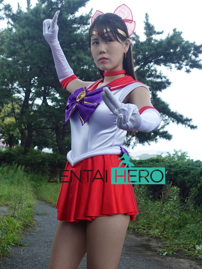 Sexy Heroine Sailor Mars Satin Cosplay Costume Purple Bowknot