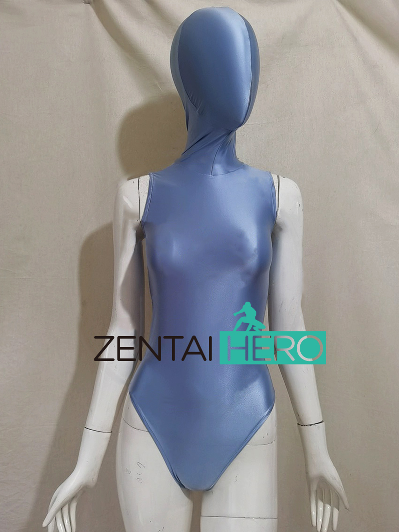 Shiny Satin Light Blue Gym Zentai Bodysuit with Hood Attached