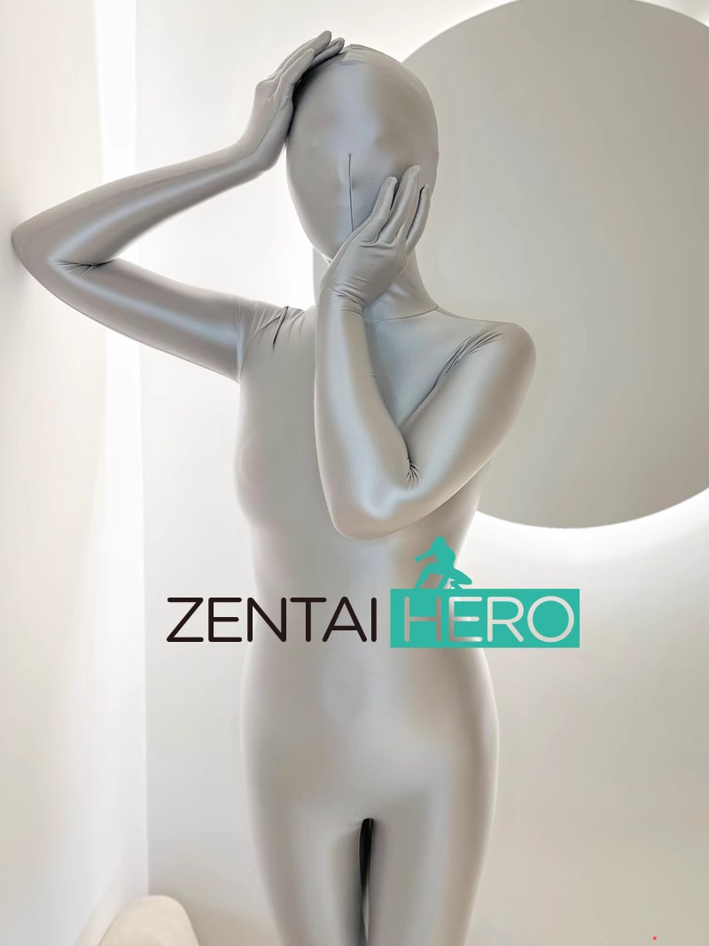 Sexy Satin Zentai Suit Light Grey Shiny Lycra Bodysuits