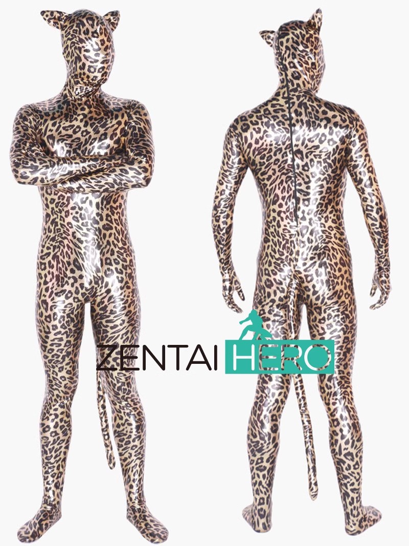 Sexy Shiny Metallic Leopard Cosplay Zentai Suit with Tail