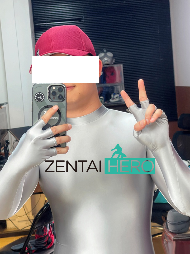 Shiny Satin Zentai Suit Light Grey Soft Bodysuit Half Hands
