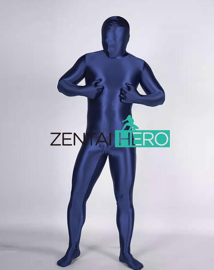 Sexy Shiny Satin Zentai Suit Navy Spandex Bodysuits