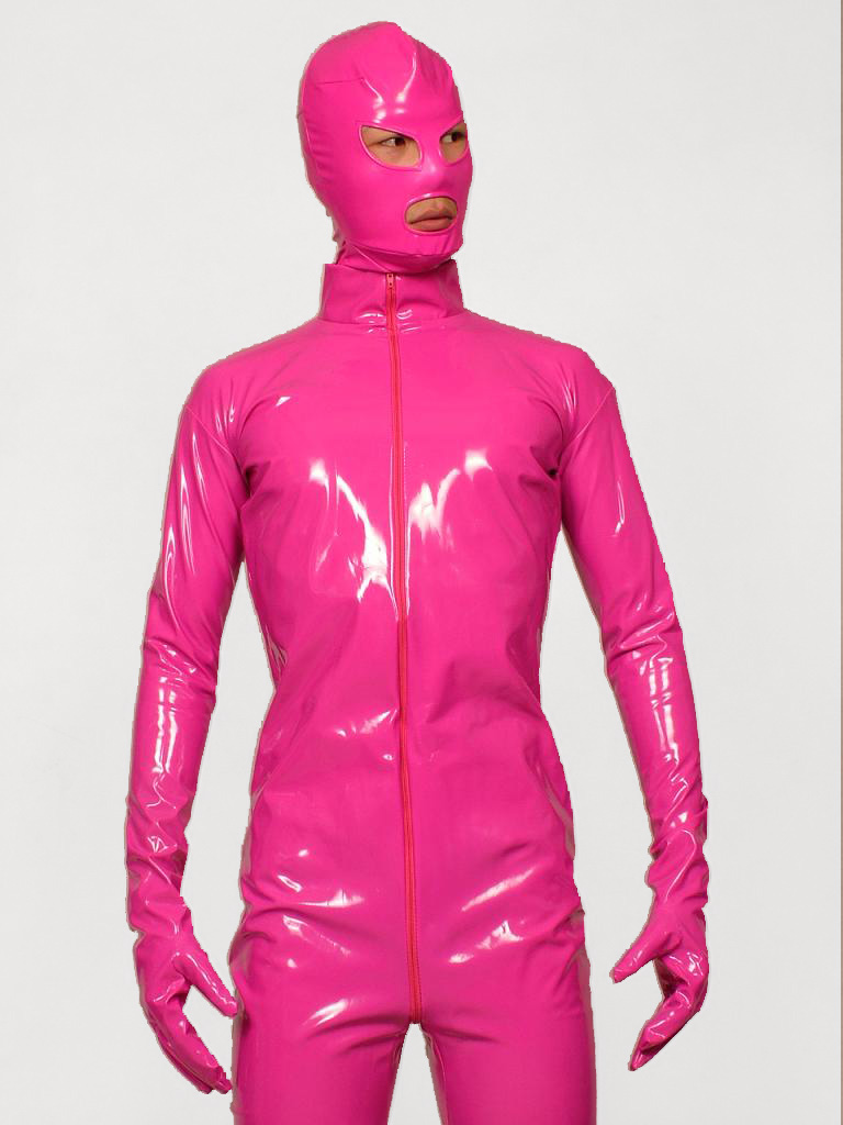 Pink PVC Zentai Bodysuit Front Zipper For Party