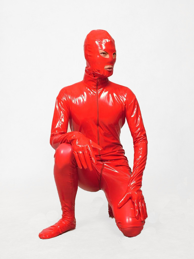 Red PVC Full Bodysuit Front Zipper with Remove Hood