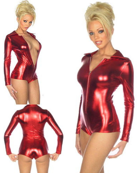 Red Sexy Lingerie Wetlook Suit Front Zipper