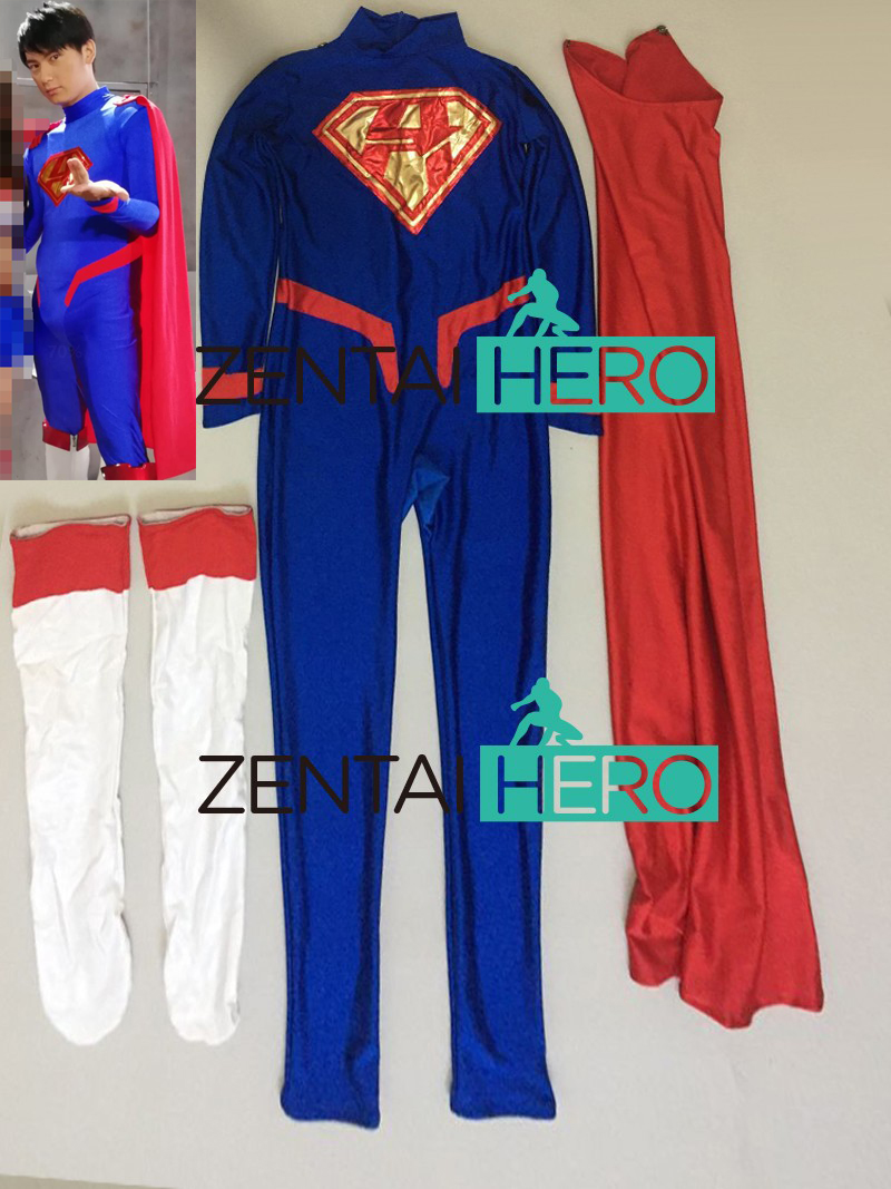 Male Blue Superman Cosplay Costume Bodysuit with Cape