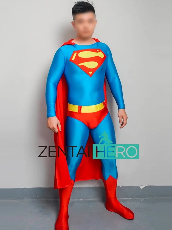 Blue Male Clark Cosplay Costume Bodysuit With Cape