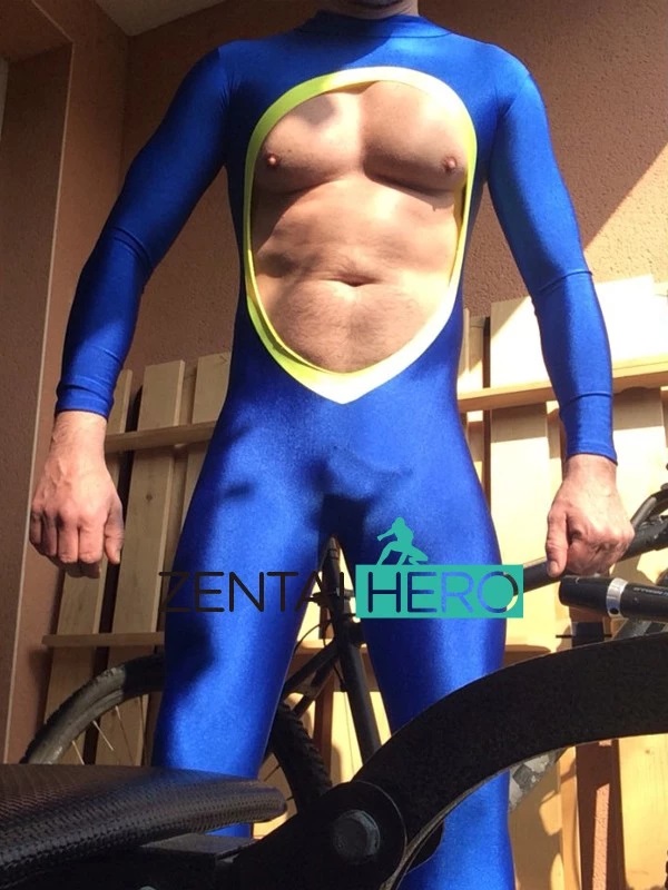 Sexy Lycra Spandex Zentai Tight Royal Blue Catsuit Open Chest
