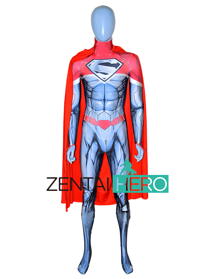 3D Printed Silver Red Superman Cosplay Costume with Cape