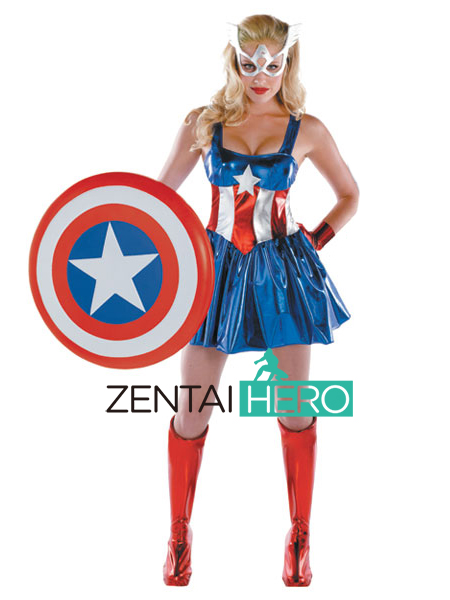 Sexy Halloween Costumes Shiny Captain America Girl Dress