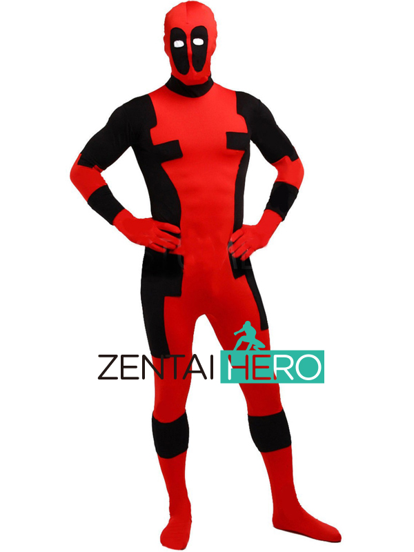 New Men's Red And Black Deadpool Lycra Spandex Costume