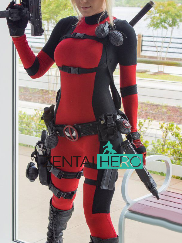 Lycra Spandex Red And Black Zentai Sexy Lady Deadpool Costume