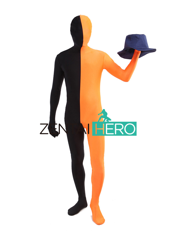 Half Orange & Black Lycra Spandex Zentai Bodysuit