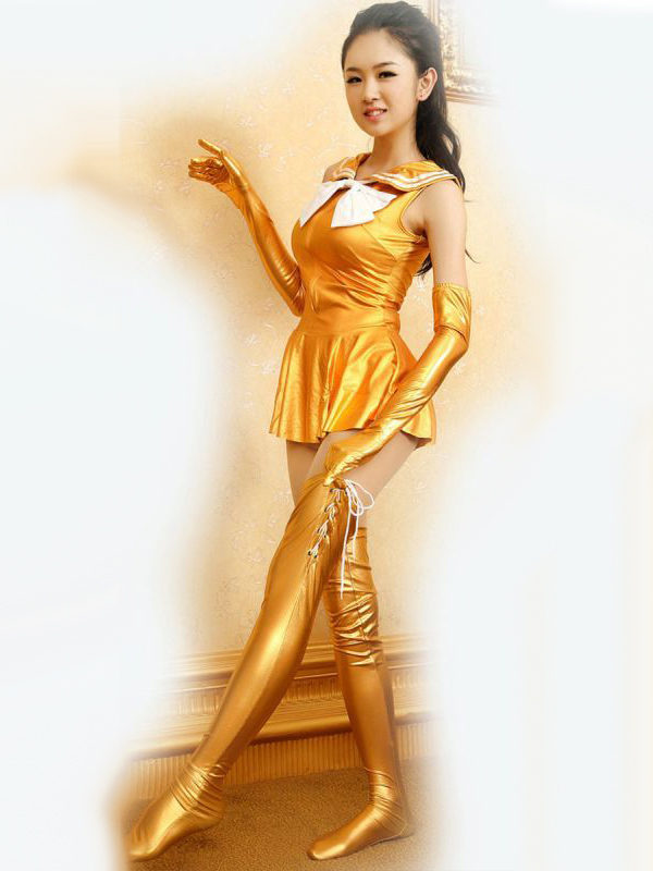 Gold Sailor Shiny Metallic Catsuit Dress With White Bow