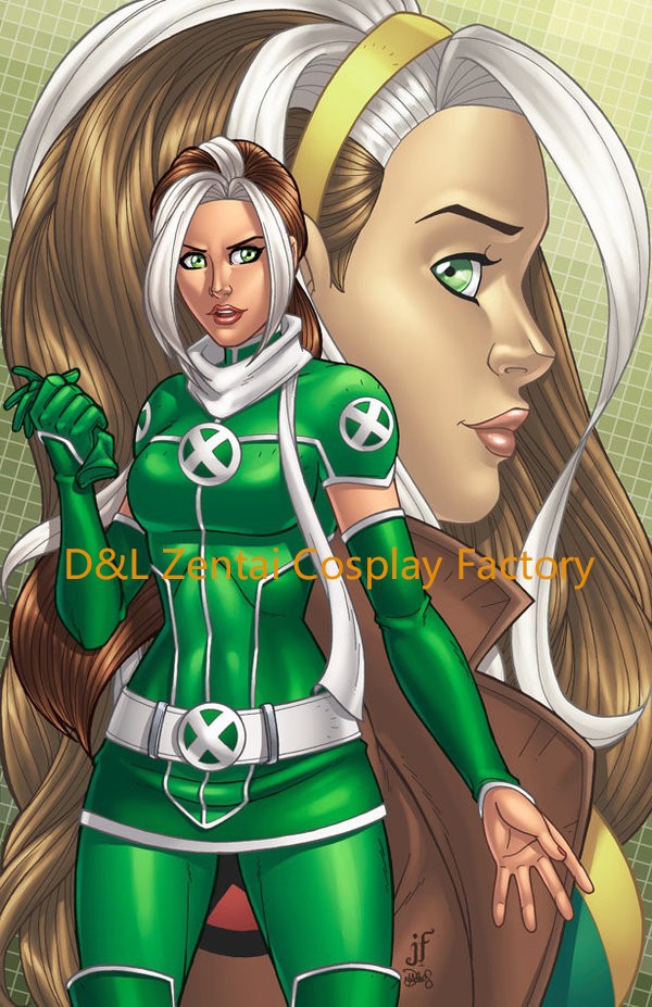 X-Men Rogue Cosplay Costume White & Green Lycra Spandex Catsuit