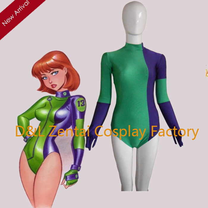 Green & Purple Lycra Catsuit Caitlin Fairchild Superhero Costume