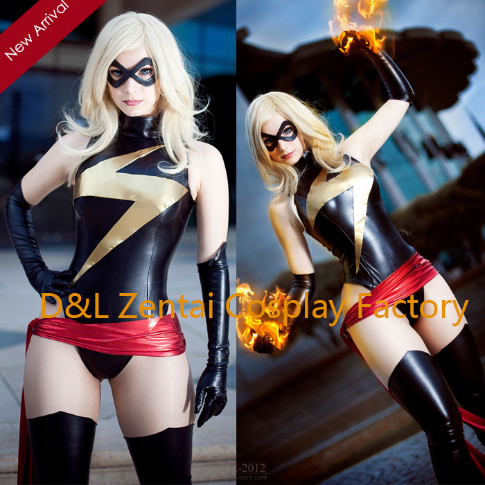 Sexy Black and Gold Shiny Metallic Ms Marvel Superhero Costume