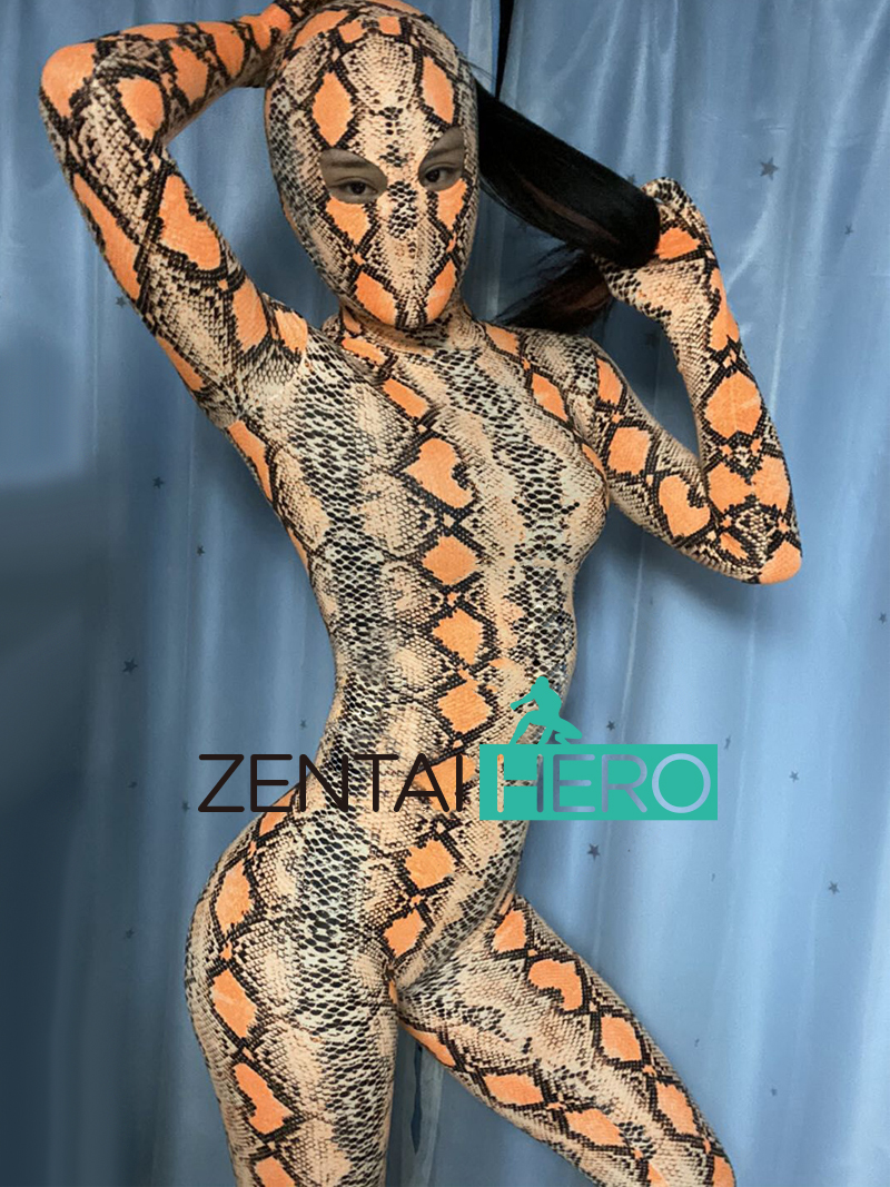 Sexy Silky Orang Snake Pattern Unitard Bodysuit Open Eyes