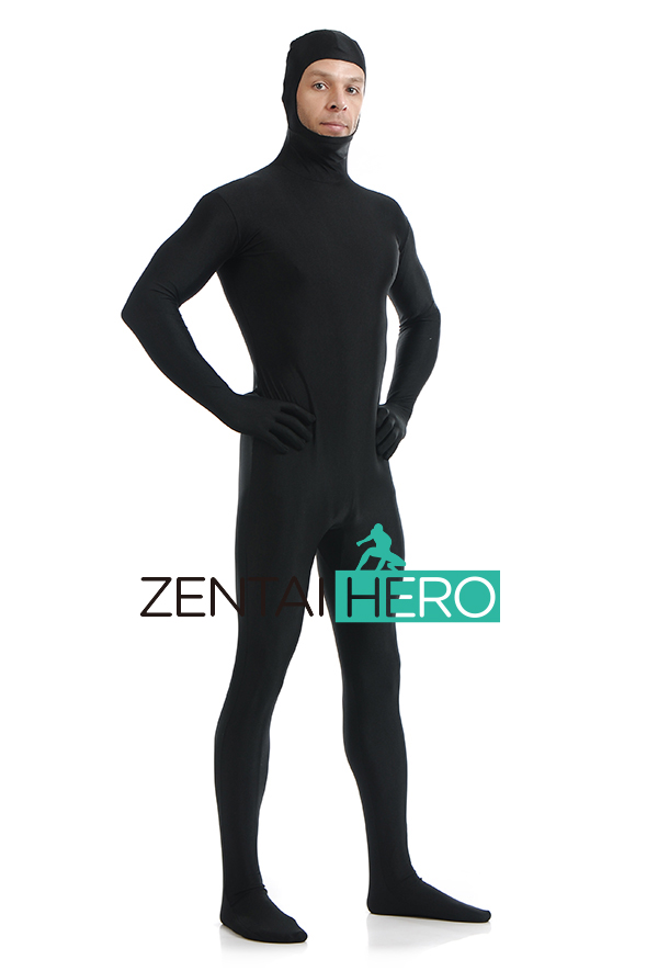 Black Unicolor Lycra Zentai Suit Open Face