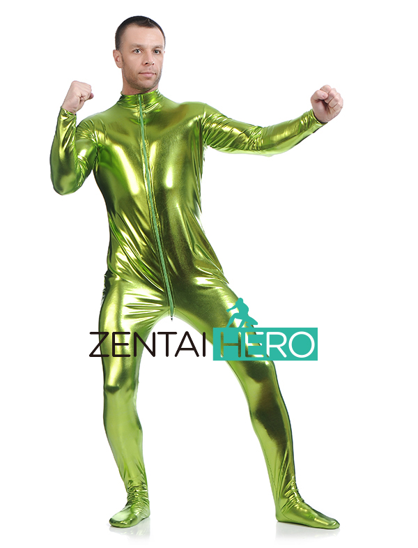 Shiny Green Shiny Metallic Zentai Catsuit With Front Zipper