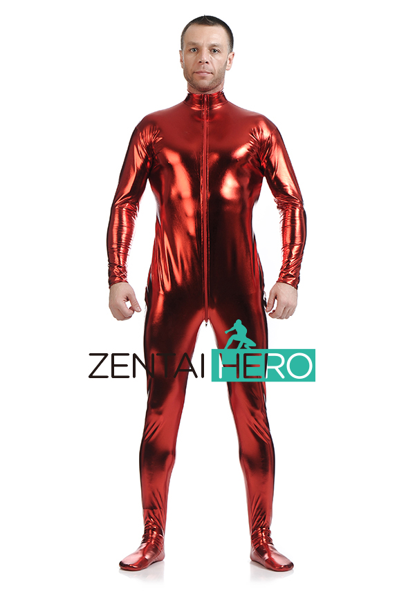 Hot Red Color Front Zipper Shiny Metallic Catsuit