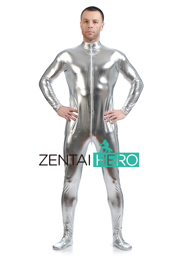 Hot Silver Male Shiny Metallic Front Zipper Catsuit
