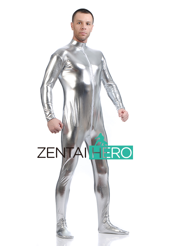 Hot Silver Male Shiny Metallic Front Zipper Catsuit