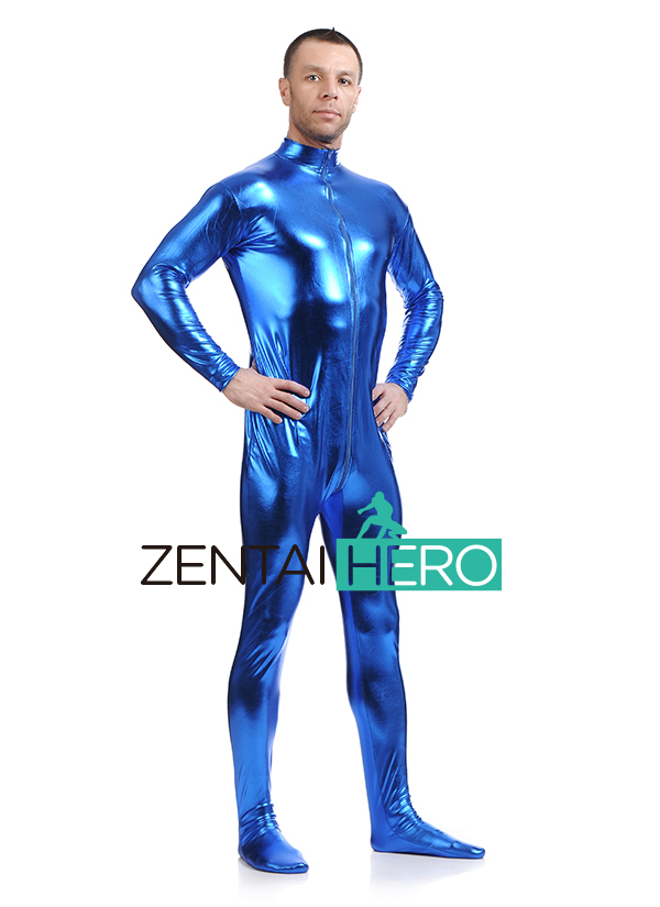 Royal Blue Shiny Metallic Zentai Catsuit For Men