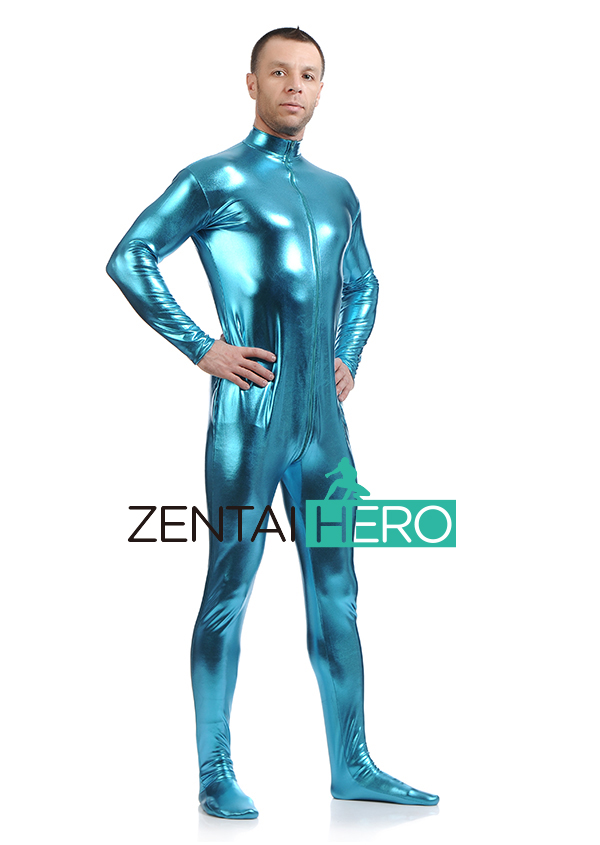 Blue Fashion Shiny Metallic Zentai Catsuit Zipper Front