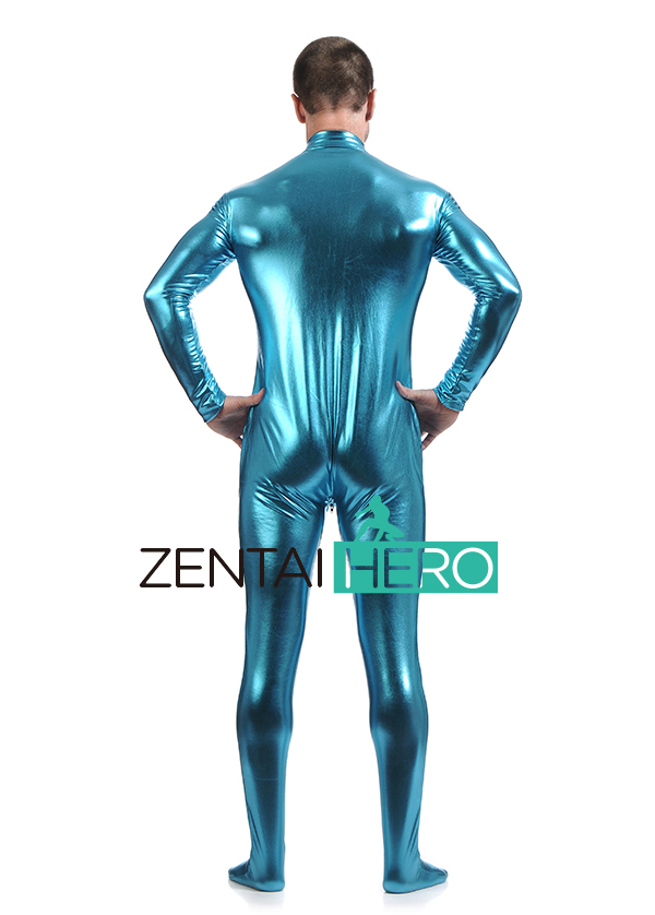 Blue Fashion Shiny Metallic Zentai Catsuit Zipper Front