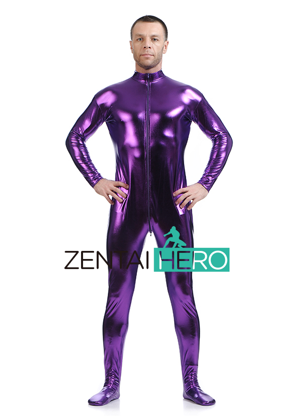 Purple New Men\'s Shiny Metallic Catsuit For Halloween