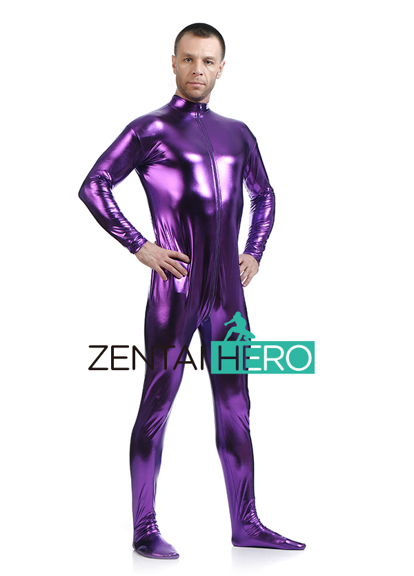 Purple New Men's Shiny Metallic Catsuit For Halloween
