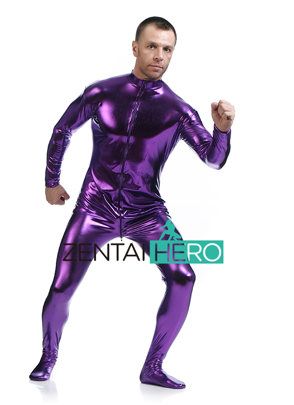 Purple New Men's Shiny Metallic Catsuit For Halloween