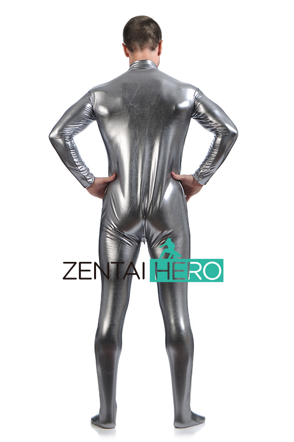 Gray Shiny Metallic Zentai Catsuit Without Hood
