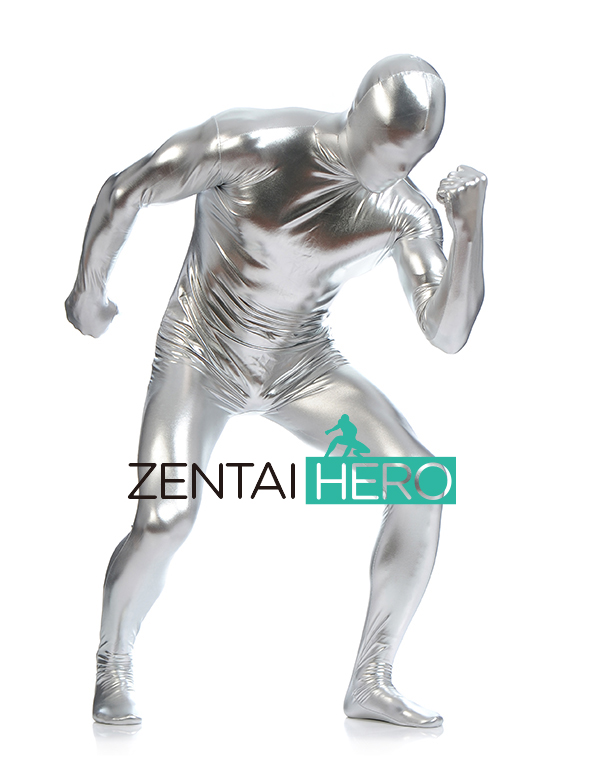 Silver New Shiny Metallic Full Body Catsuit For Men