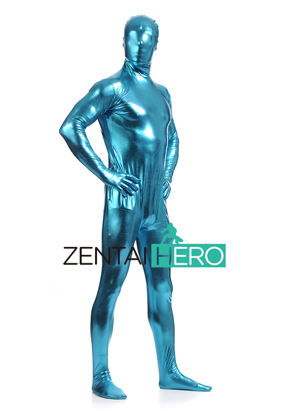 Full Body Shiny Metallic Blue Catsuit For Carnival Party