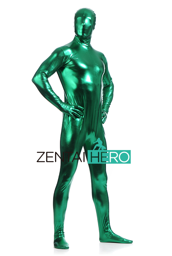 Green Full Body Shiny Metallic Catsuit For Party