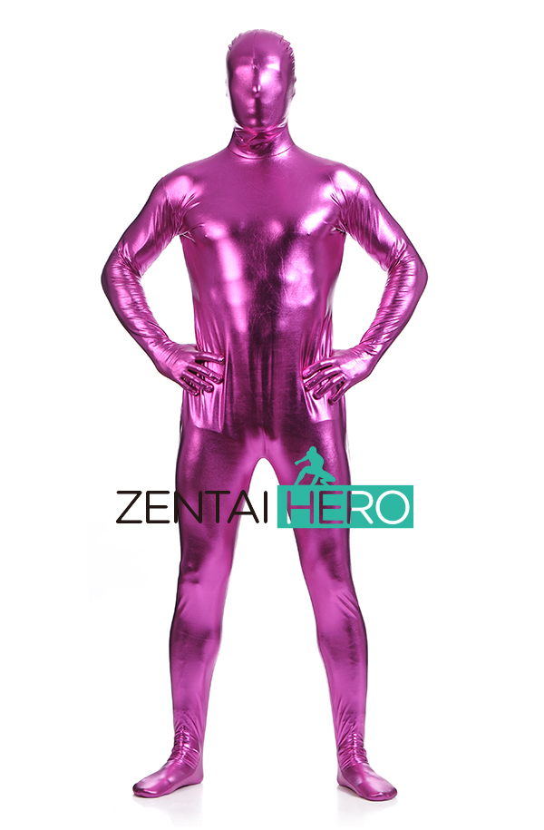 Full Body Fuchsia Shiny Metallic Zentai Suit For Men