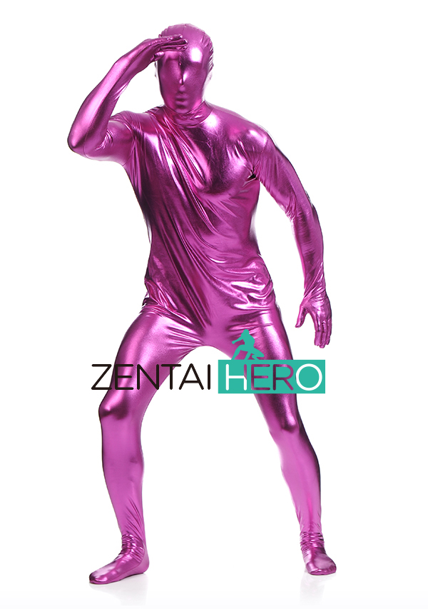 Full Body Fuchsia Shiny Metallic Zentai Suit For Men