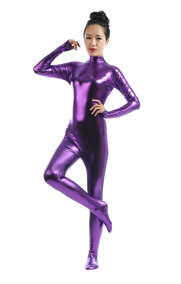 Purple Shiny Metallic Fashion Tight Catsuit